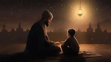 Ibadah Keluarga Islami Ayah dan anak laki-laki sedang beribadah bersama