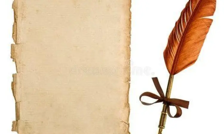 Pena bulu dan kertas kuno simbol penulisan puisi