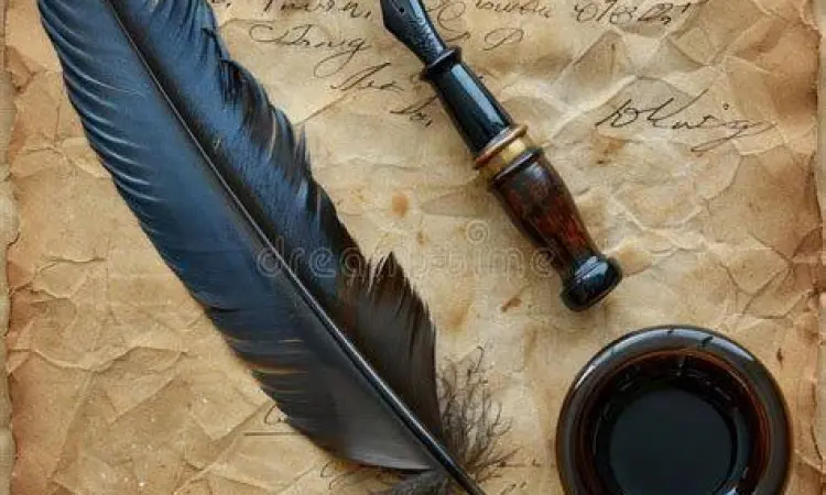 Pena bulu dan kertas tua melambangkan penulisan puisi klasik