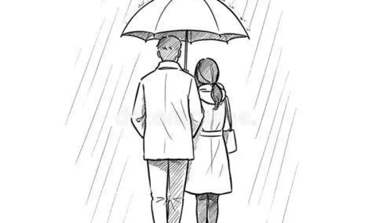 Cinta yang Sederhana Pasangan berjalan di tengah hujan dengan sederhana