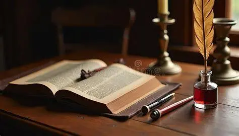 Proses Kreatif Sastra Meja tulis kuno dengan pena bulu menggambarkan proses kreatif penyair