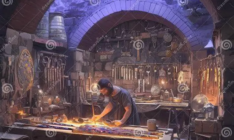 Seorang pengrajin yang sedang bekerja dengan penuh konsentrasi