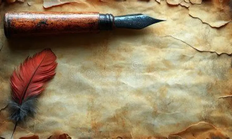 Pena bulu dan perkamen tua untuk menulis puisi