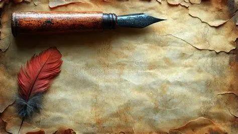 Alat Tulis Klasik Pena bulu dan perkamen tua untuk menulis puisi