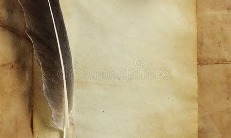 Karya Sastra Abadi Pena bulu dan kertas perkamen melambangkan tulisan klasik